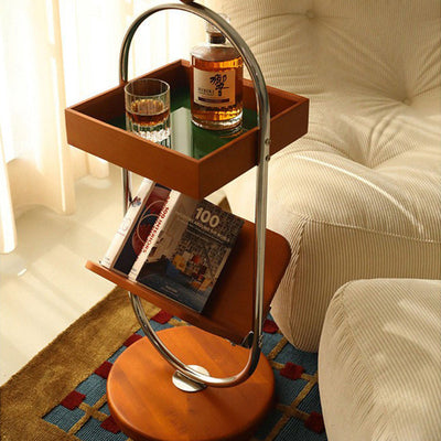 Table d'appoint contemporaine rétro carrée à base ronde en bois de cerisier et acier inoxydable à 2 niveaux pour salon 