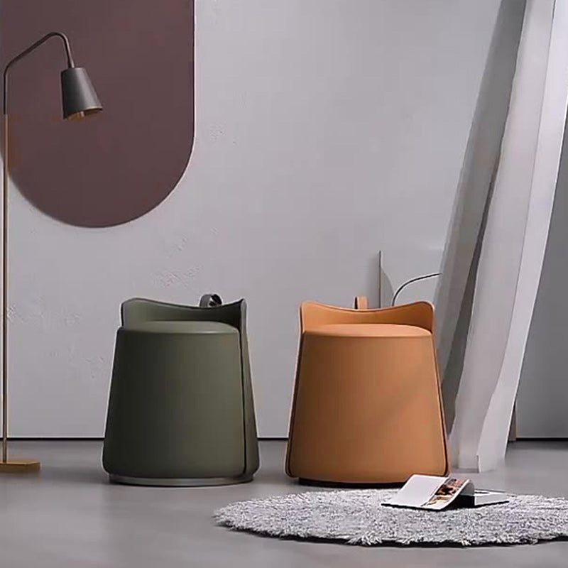 Moderner nordischer Schminkhocker in runder Zylinderform aus Mikrofaserleder, Massivholz &amp; Sperrholz mit niedriger Rückenlehne für das Schlafzimmer 