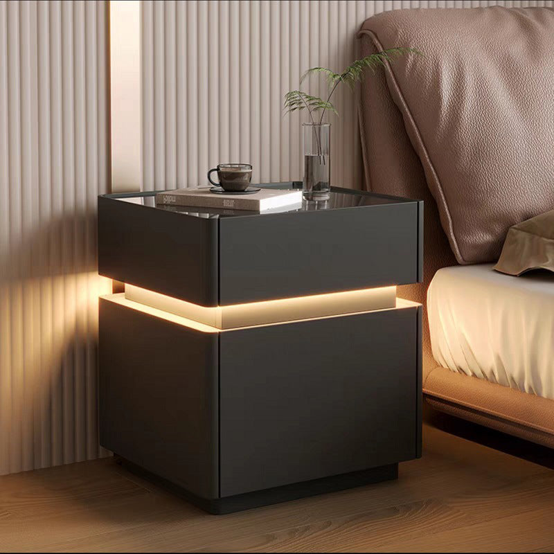 Modern Minimalist Rectangular Glass Microfiber Leather Solid Wood Nightstand 3-Drawer For Bedroom