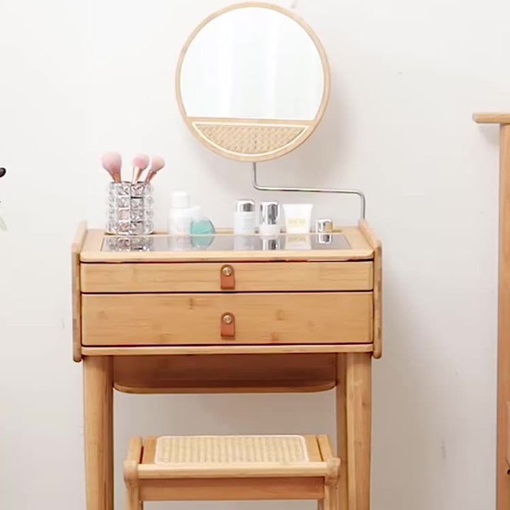 Traditional Rustic Rectangular Bamboo Stainless Steel Resin Glass Makeup Vanity 2-Drawer For Bedroom