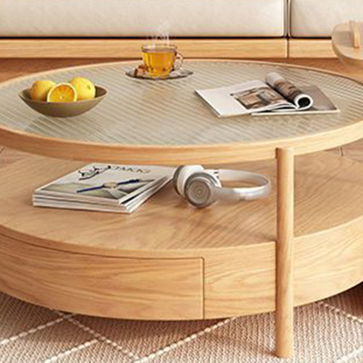Zeitgenössischer japanischer quadratischer runder Glas-Holz-Beistelltisch 2-stufig für das Wohnzimmer 