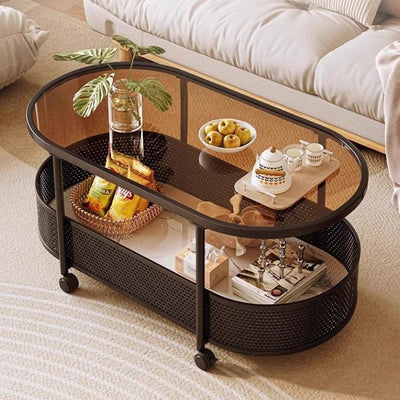 Modern Minimalist Rectangular Iron Plastic Tempered Glass Movable Coffee Table 2-Tier For Living Room