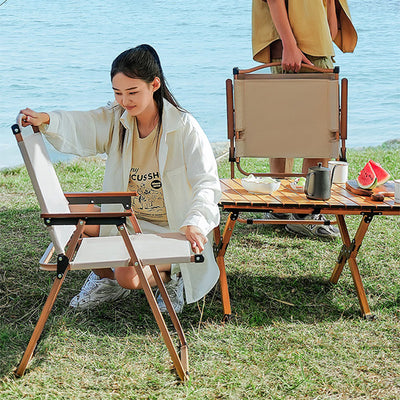 Modern Minimalist Square Fabric Carbon Steel Beech Wood Backrest Armrest Folding Chair For Outdoor