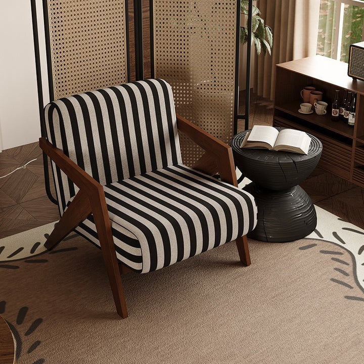 Chaise d'appoint traditionnelle française en tissu coton-lin rectangulaire et bois massif avec dossier et accoudoirs pour salon 