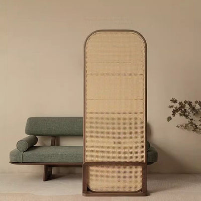 Traditional Chinese Rubberwood Solid Wood PE Rattan Room Divider With 3-Tier Storage Shelf For Living Room