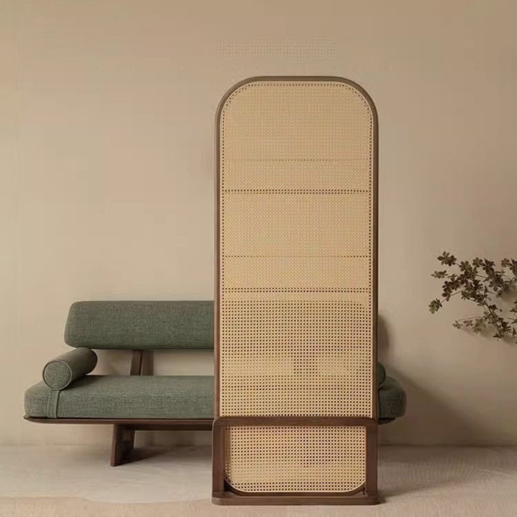 Traditional Chinese Rubberwood Solid Wood PE Rattan Room Divider With 3-Tier Storage Shelf For Living Room