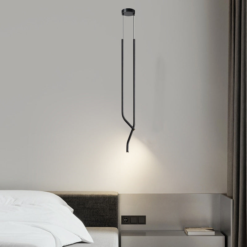 Lámpara colgante LED de tubo fino curvado minimalista moderno de cobre para dormitorio 