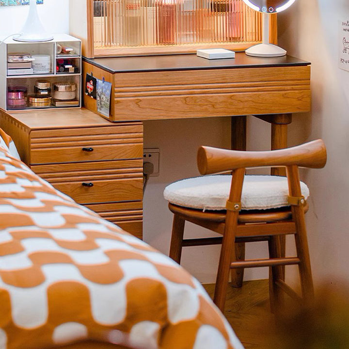 Tabouret de coiffeuse contemporain scandinave en laine d’agneau, bois d’hévéa, dossier incurvé, sans accoudoirs, pour chambre à coucher 