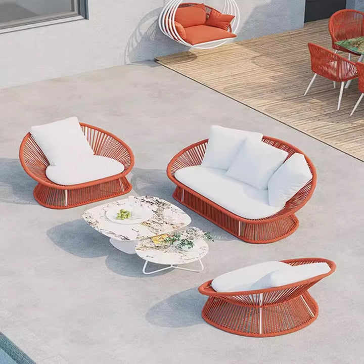 Contemporary Boho Waterproof Weaving Rattan Rope Sponge Aluminum Alloy Slab Round Elliptical Outdoor Coffee Table &amp; Chair Set For Outdoor Patio