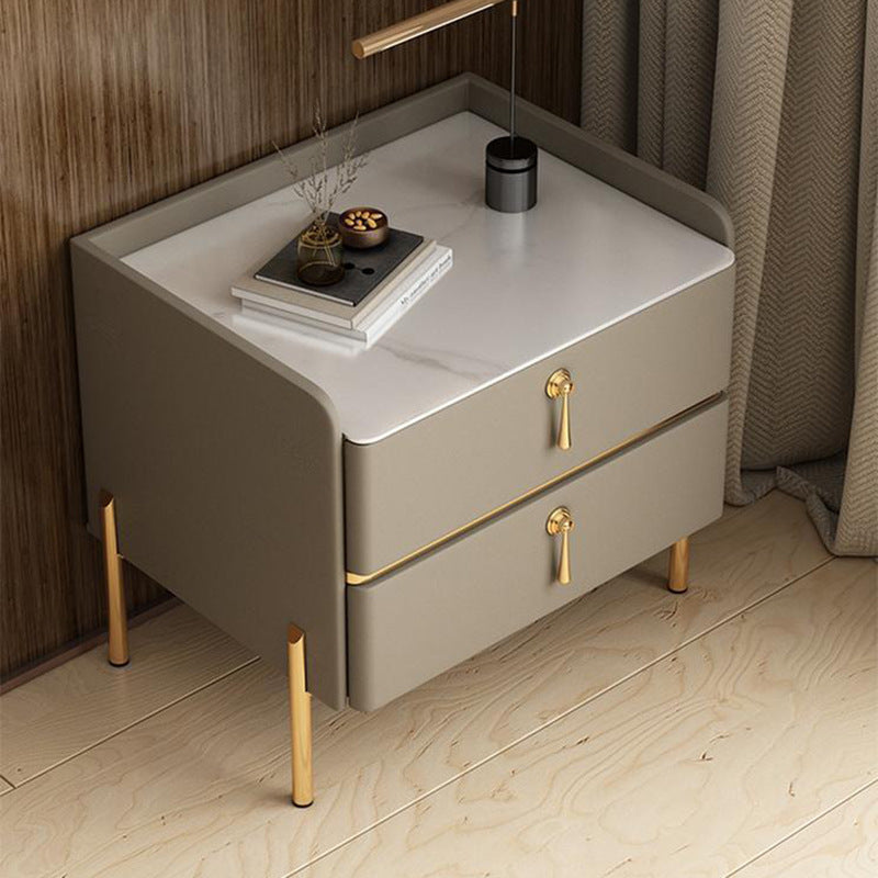 Table de chevet moderne en cuir avec 2 tiroirs rectangulaire en bois massif pour chambre 