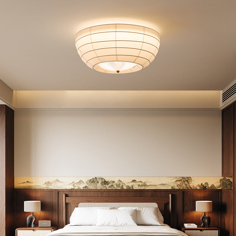 Traditional Japanese Round Hardware Fabric Crystal LED Flush Mount Ceiling Light For Bedroom