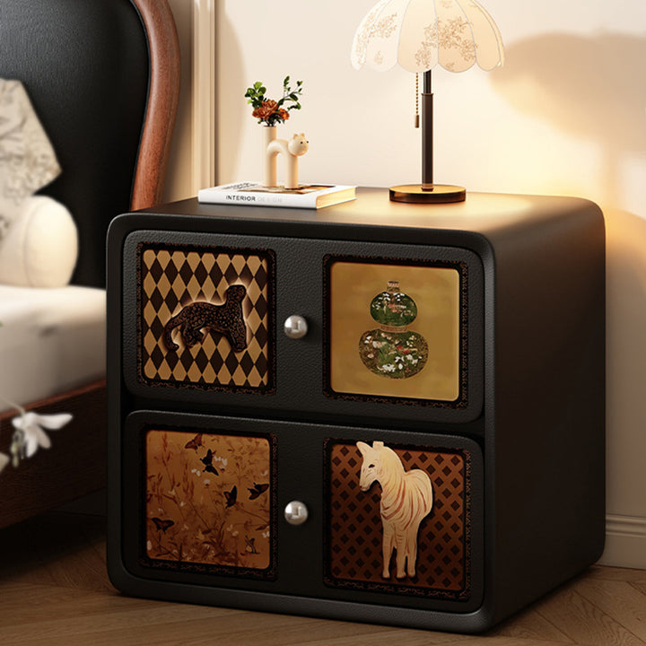 Mesita de noche contemporánea creativa rectangular de panel compuesto con pata de gato de cuero y madera maciza de 2 cajones para el dormitorio 