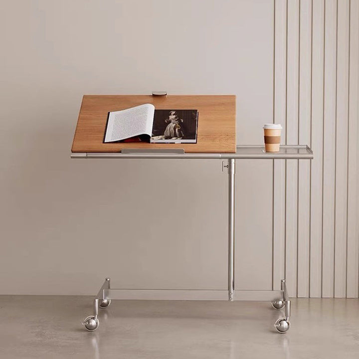Contemporary Nordic Rectangular Round Pole Solid Wood Stainless Steel Liftable Side Table For Living Room