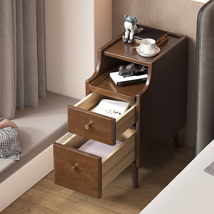 Moderner minimalistischer schmaler rechteckiger Nachttisch aus Holz mit 2 Schubladen für das Schlafzimmer 