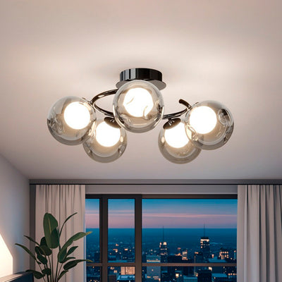 Modern Mid-Century Round Electroplated Glass Stainless Steel Carbon Steel 5-Light Semi-Flush Mount Ceiling Light For Living Room