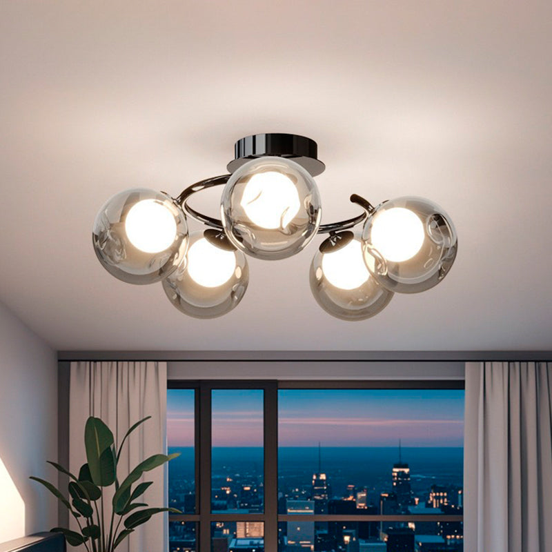 Modern Mid-Century Round Electroplated Glass Stainless Steel Carbon Steel 5-Light Semi-Flush Mount Ceiling Light For Living Room