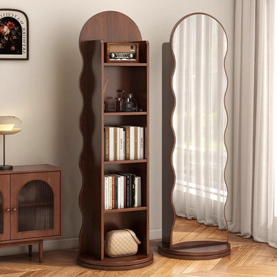 Contemporary Scandinavian Wavy Particle Wood Glass Full-Length Mirror Bookshelf 5-Tier For Bedroom