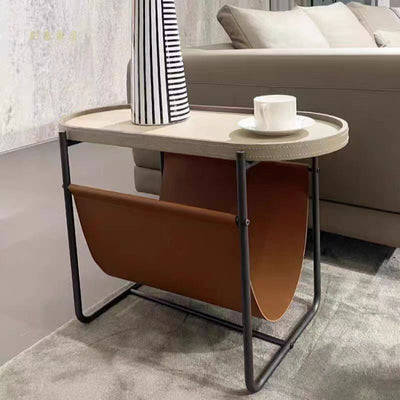 Table d'appoint contemporaine créative ovale en fer et cuir à 2 niveaux pour le salon 