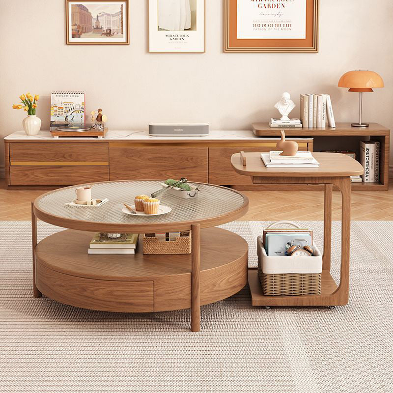 Zeitgenössischer japanischer quadratischer runder Glas-Holz-Beistelltisch 2-stufig für das Wohnzimmer 