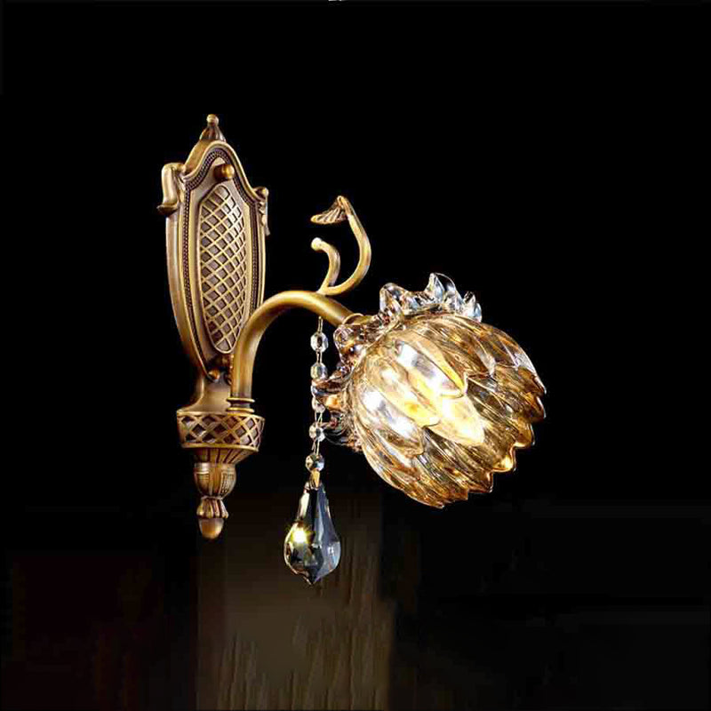 Traditional European Brass Crystal Floral 1/2 Light Wall Sconce Lamp For Bedroom & Living Room