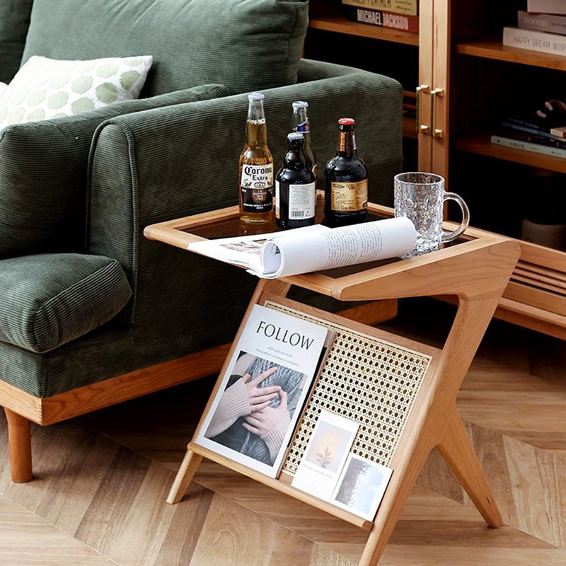 Contemporary Scandinavian Square Rubberwood Solid Wood Glass Side Table For Living Room