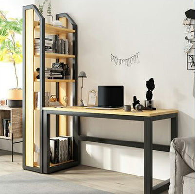 Modern Minimalist Rectangular Steel Particle Board Desks & 5-Tier Bookshelves For Home Office