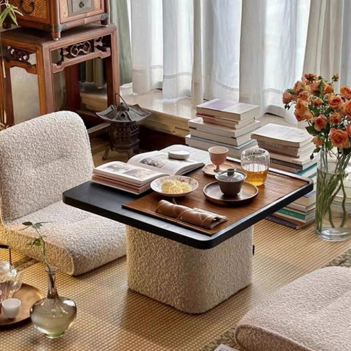 Conjunto de mesa de centro y sillas tatami cuadradas japonesas tradicionales de tela sherpa blanca y madera de pino Toon para sala de estar 