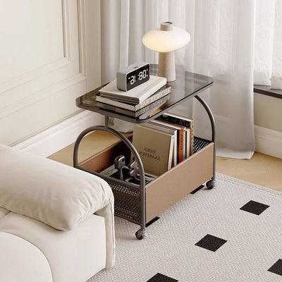 Modern Minimalist Rectangular Iron Faux Leather Glass Removable Coffee Table 1-Storage For Living Room