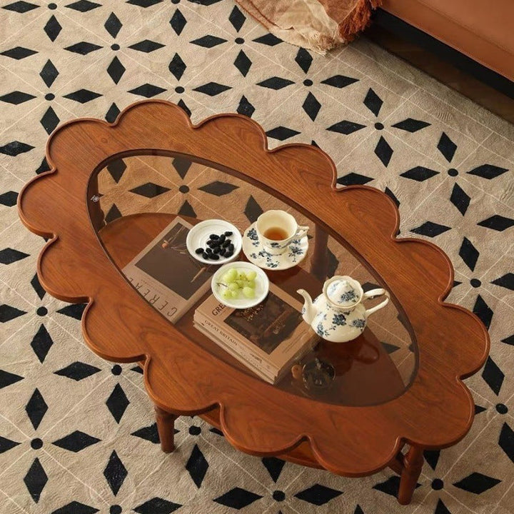 Table basse elliptique vintage traditionnelle en bois et verre à fleurs à 2 niveaux pour salon 