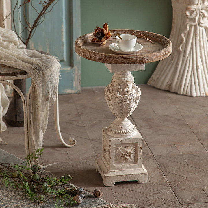 Traditional French Round Square Base Carved Magnesium Oxide Chinese Fir End Table For Living Room
