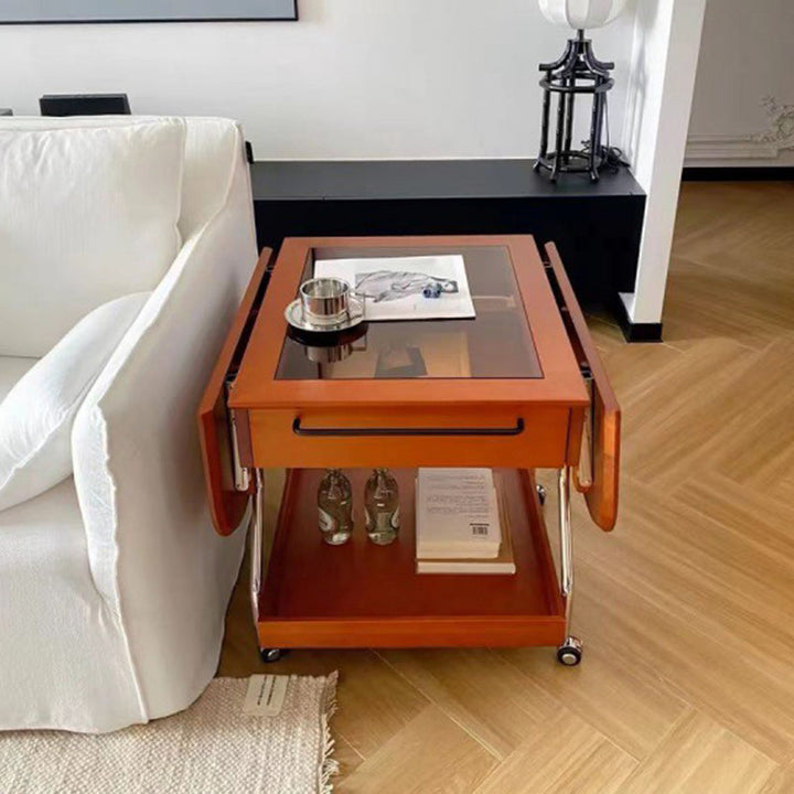 Table basse contemporaine rétro rectangulaire en bois, verre et métal avec 3 rangements pour salon 