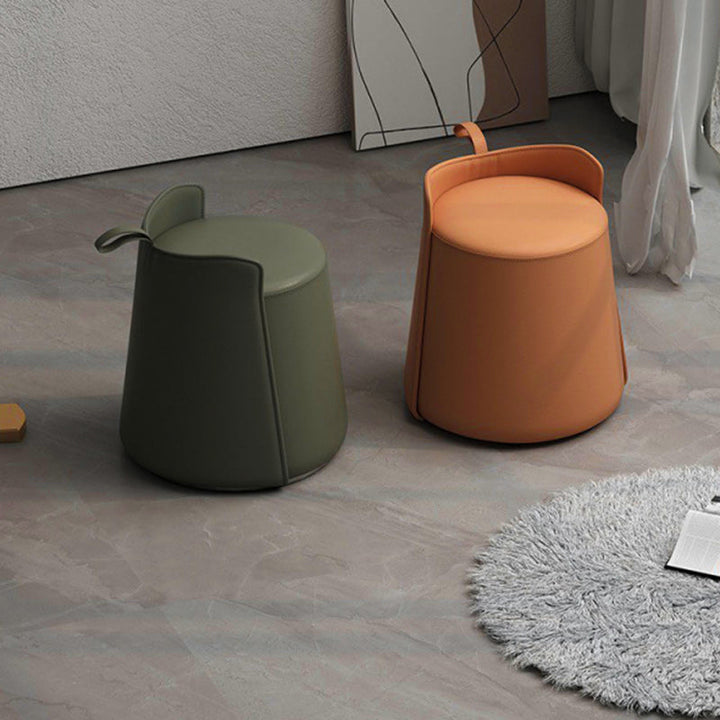 Moderner nordischer Schminkhocker in runder Zylinderform aus Mikrofaserleder, Massivholz &amp; Sperrholz mit niedriger Rückenlehne für das Schlafzimmer 