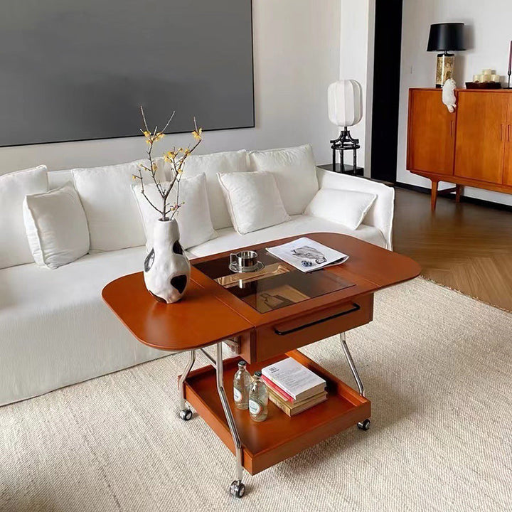 Table basse contemporaine rétro rectangulaire en bois, verre et métal avec 3 rangements pour salon 