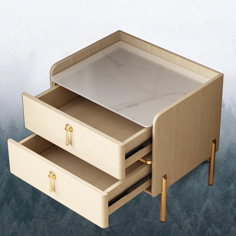 Table de chevet moderne en cuir avec 2 tiroirs rectangulaire en bois massif pour chambre 