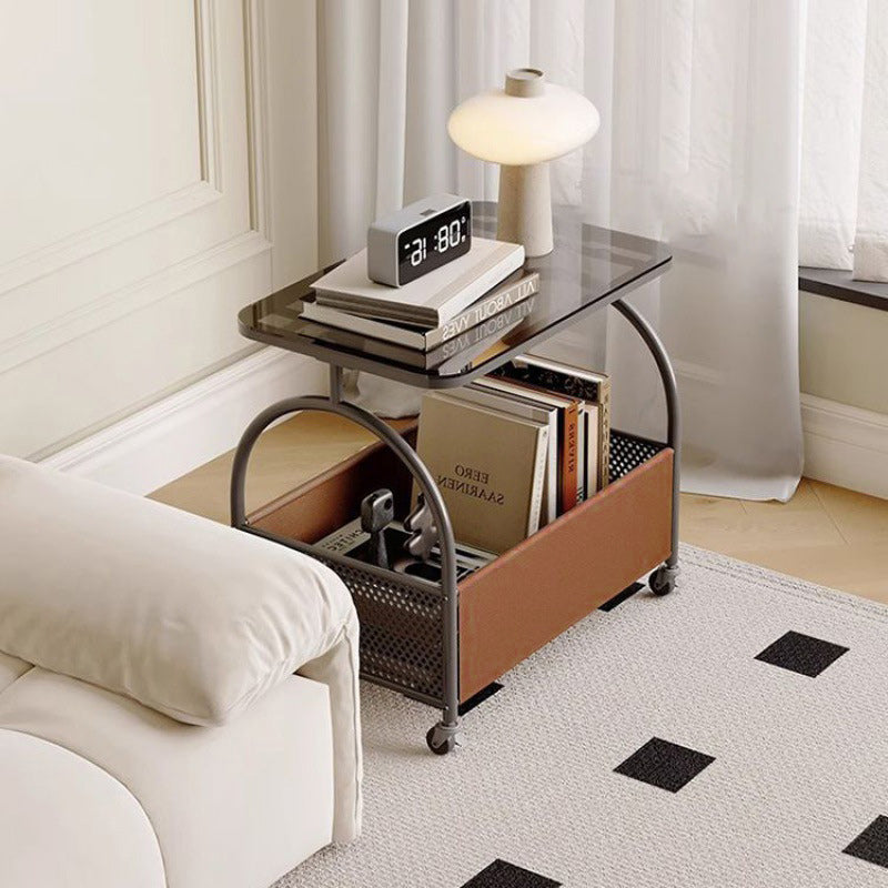 Table basse rectangulaire minimaliste moderne en fer, similicuir, verre amovible avec 1 rangement pour salon 