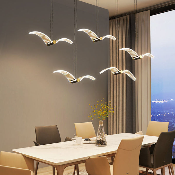 Lámpara de araña LED contemporánea escandinava en forma de gaviota, rectángulo largo de hierro y acrílico para comedor 