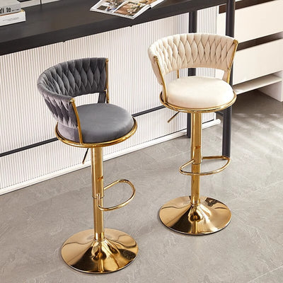 Contemporary Luxury Round Iron Faux Velvet Height Adjustable Bar Stool For Kitchen