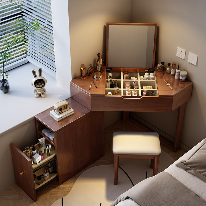Modern Minimalist Rectangular Hexagonal Rubberwood Plywood Glass Microfiber Leather Makeup Vanity 4-Tier For Bedroom