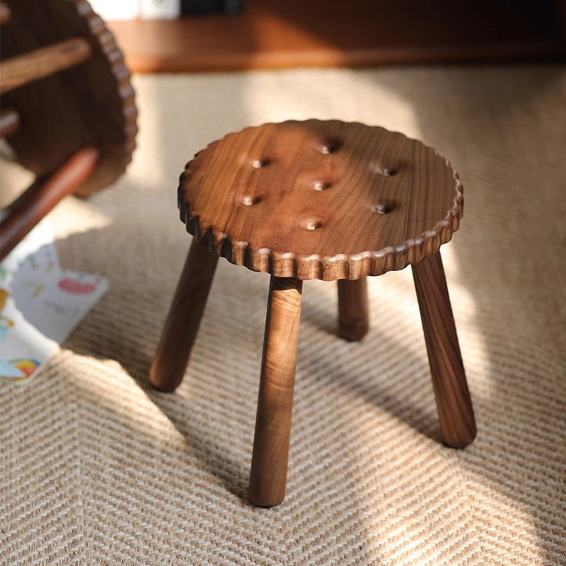 Contemporary Creative Round Cookie-Shaped Black Walnut Solid Wood Kids Low Stool For Living Room