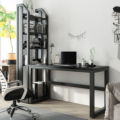 Modern Minimalist Rectangular Steel Particle Board Desks & 5-Tier Bookshelves For Home Office