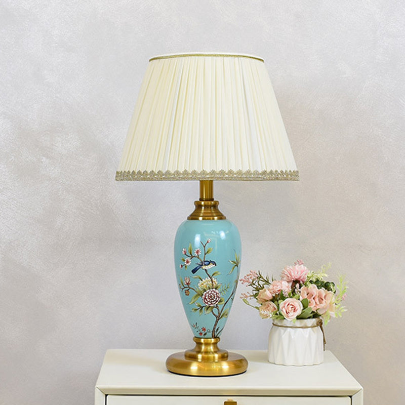 Traditional Chinese Cylindrical Floral And Bird Pattern Metal Ceramic Fabric 1-Light Table Lamp For Bedroom