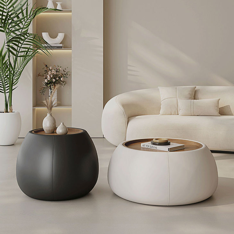 Contemporary Nordic Round Cylinder Walnut Wood Microfiber Leather Coffee Table 1-Storage For Living Room