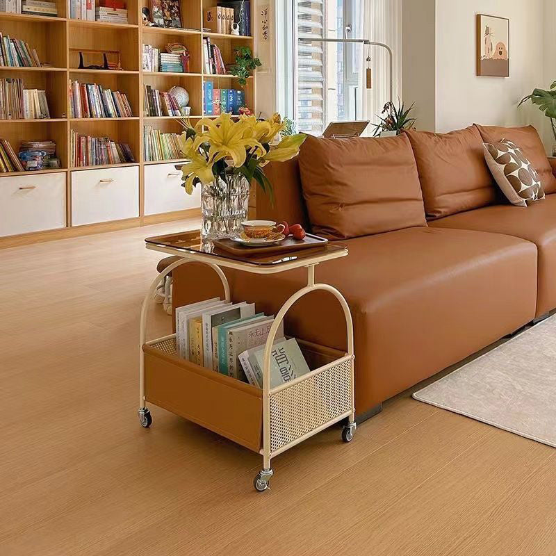 Modern Minimalist Rectangular Iron Faux Leather Glass Removable Coffee Table 1-Storage For Living Room