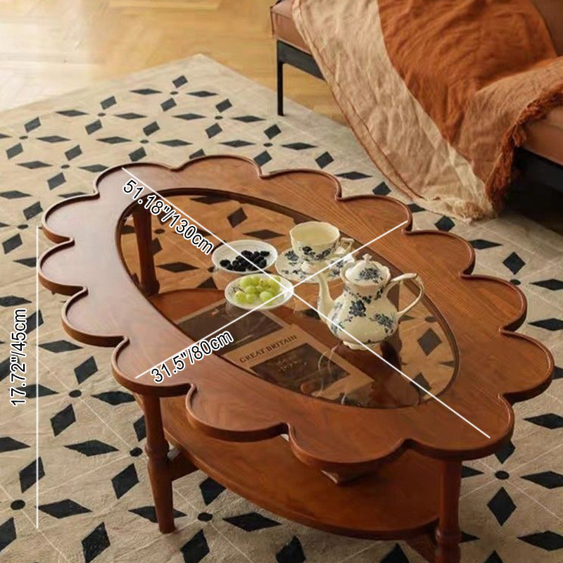 Table basse elliptique vintage traditionnelle en bois et verre à fleurs à 2 niveaux pour salon 
