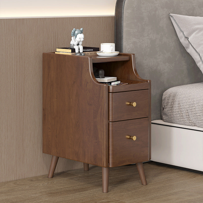 Moderner minimalistischer schmaler rechteckiger Nachttisch aus Holz mit 2 Schubladen für das Schlafzimmer 