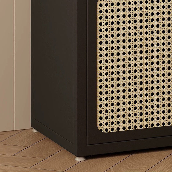 Traditional Chinese Square Carbon Steel Tempered Glass PE Rattan Side Table 1-Cabinet 1-Tier For Living Room