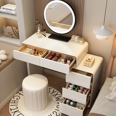 Modern Minimalist Rectangular Cat's Paw Leather Solid Wood Glass Makeup Vanity 5-Drawer For Bedroom