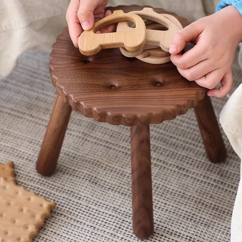 Contemporary Creative Round Cookie-Shaped Black Walnut Solid Wood Kids Low Stool For Living Room