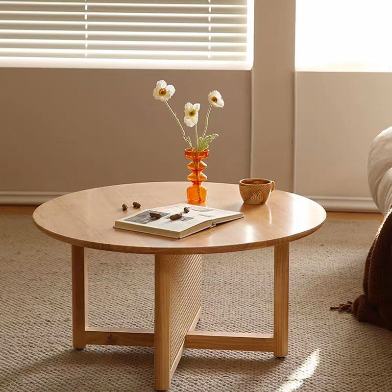 Traditional Japanese Round Rectangular Wicker-Woven Solid Wood Side Table 1-Tier For Living Room