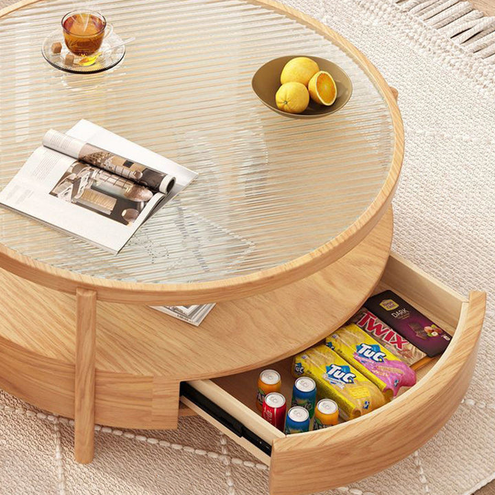 Zeitgenössischer japanischer quadratischer runder Glas-Holz-Beistelltisch 2-stufig für das Wohnzimmer 